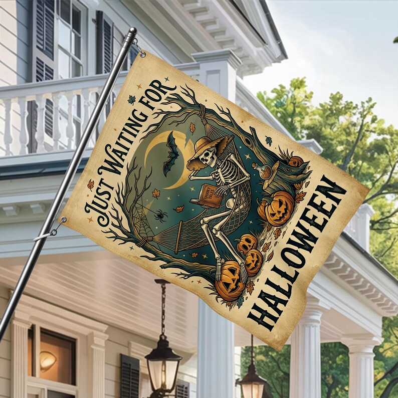 Just Waiting For Halloween Garden Flag, Skeleton Hammock Yard Flag, Spooky Pumpkin Halloween Decor, Witchy Fall Porch Flag. HLWGFPETAL12