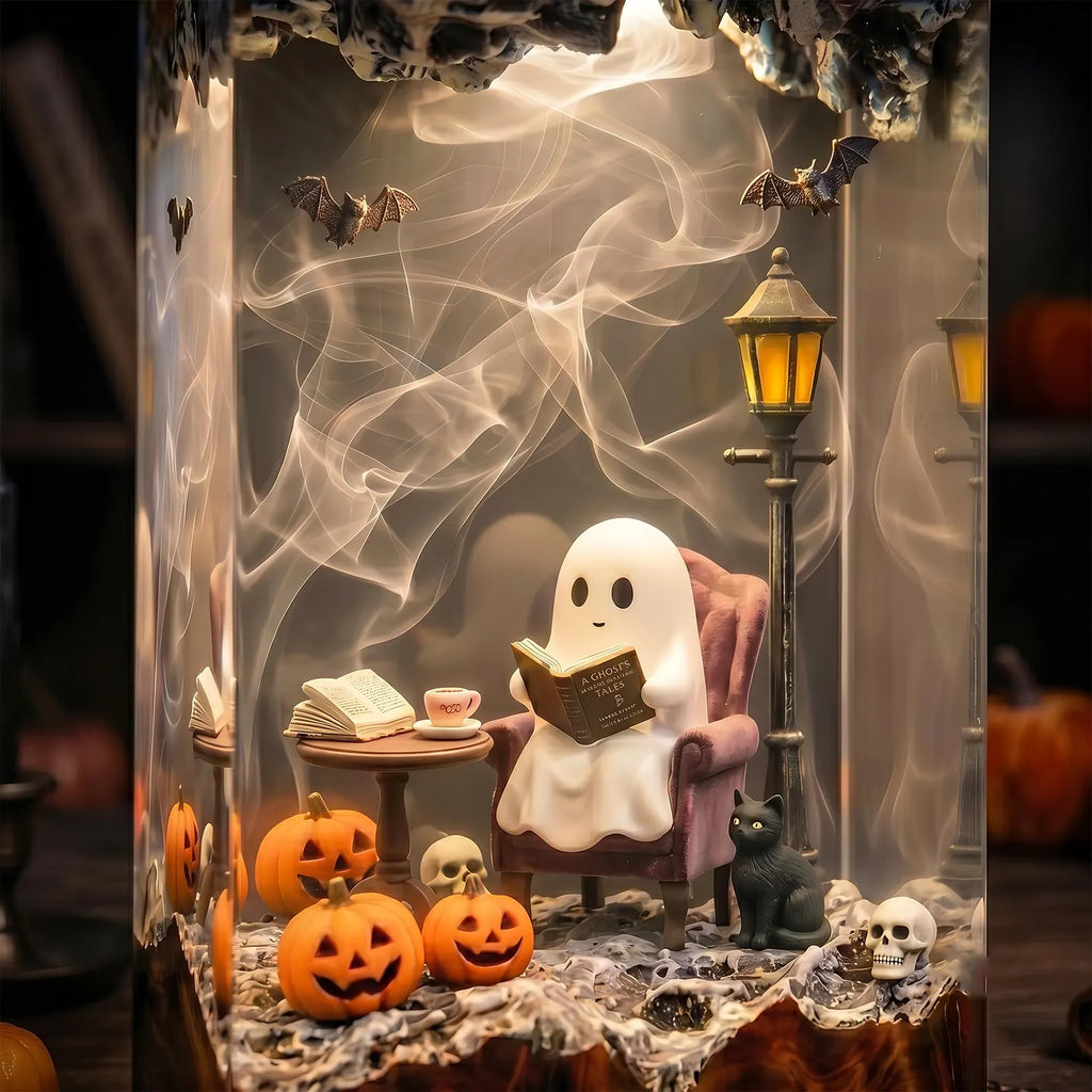 Halloween Reading Ghost Resin Lamp, Black Cat and Pumpkin Night Light, Cozy Retro Decor, Unique Gift for Book Lovers. RLPETAL15