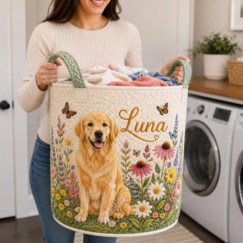 Custom Face Quilted Laundry Basket, Personalized Pet Storage Bin, Dog Photo Basket, Floral Nursery Hamper, Gift For Pet Lover. LBPETAL141