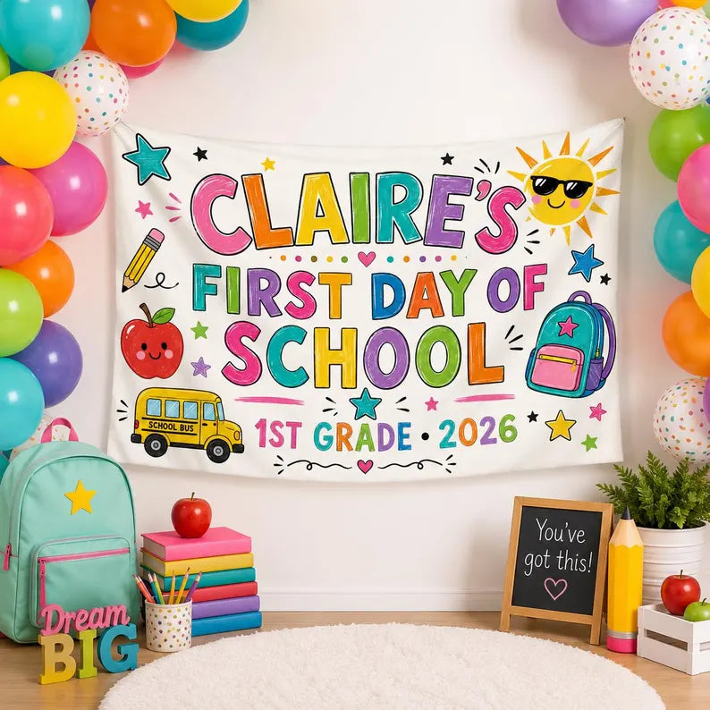 Custom First Day of School Banner, Personalized Kid Name Grade Backdrop, Back to School Photo Sign, Classroom Decor Gift 2026. CBPETAL05