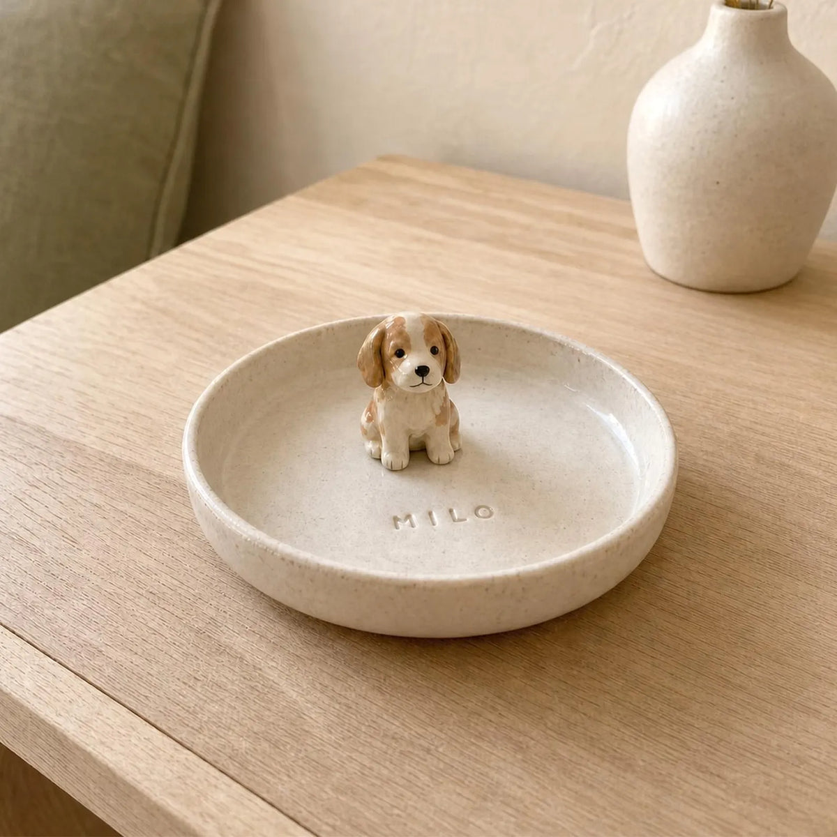 Personalized Ceramic Pet Ring Dish, Hand-Carved Dog Jewelry Tray, Pet Memorial Gift. CPPETAL01
