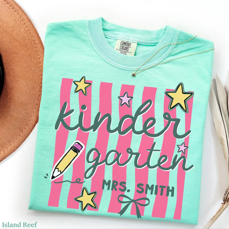 Custom Kindergarten Teacher Shirt, Comfort Colors® Kindergarten Tee, Retro Stripe Kindergarten Team Shirt, Back to School, Elementary Teach. SPETAL7