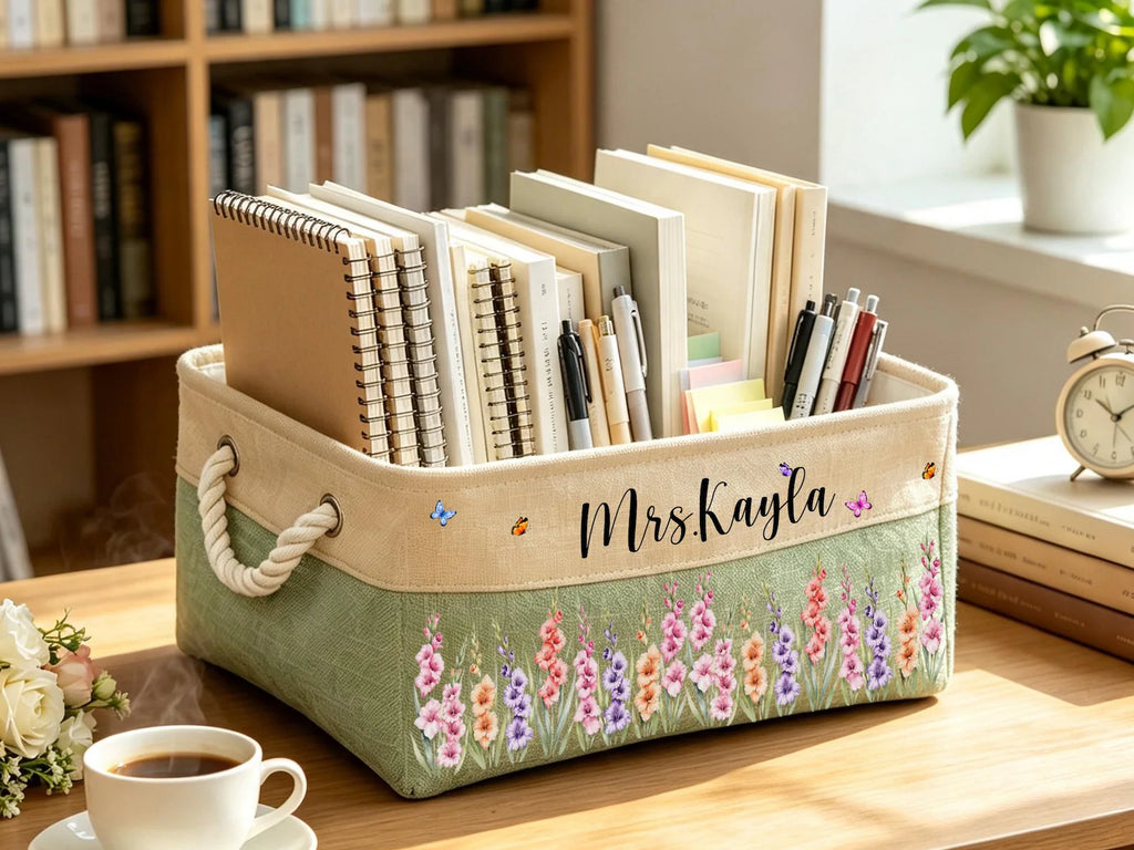 Custom Birth Flower & Name Book Basket For Her, Wife, Daughter, Sister, Coworker, Personalized Storage Basket, Storage Book Holder Gift. BBPETAL7