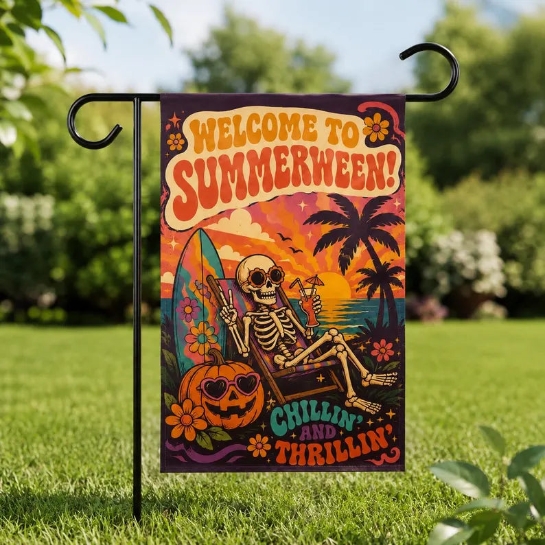 Summerween Garden Flag, Skeleton Halloween Beach Flag, Tropical Halloween Decor, Spooky Summer Yard Flag, Pumpkin Flag. HLWGFPETAL6