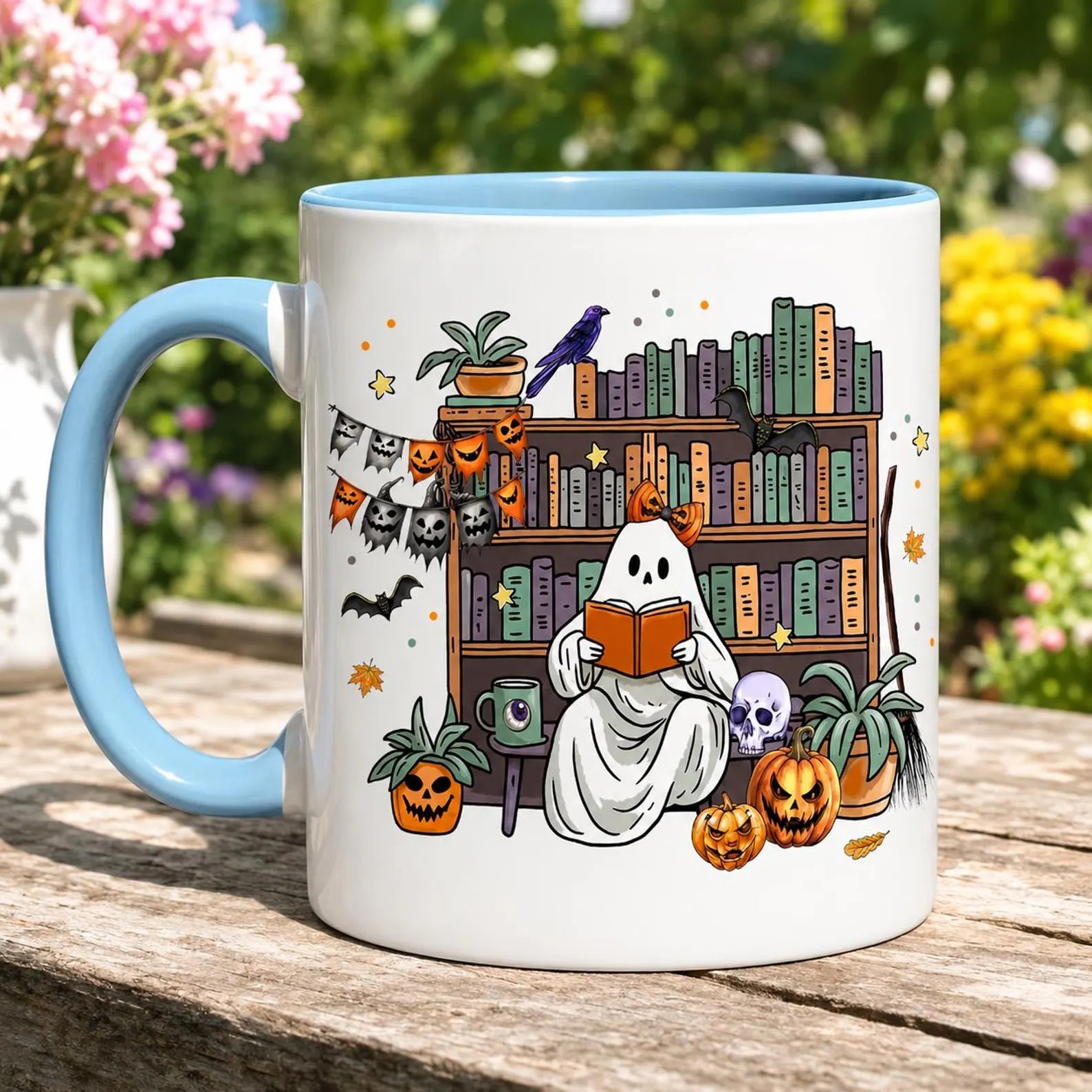 Cute Ghost Reading Book Mug, Spooky Bookshelf Ceramic Cup, Halloween Book Lover Gift For Librarian, Fall Autumn Bookish Cozy Reading Present. MPETAL15