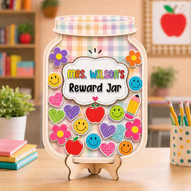 Custom Teacher Reward Jar Personalized Classroom Management Tool Cute Wooden Star Jar. RJPETAL10