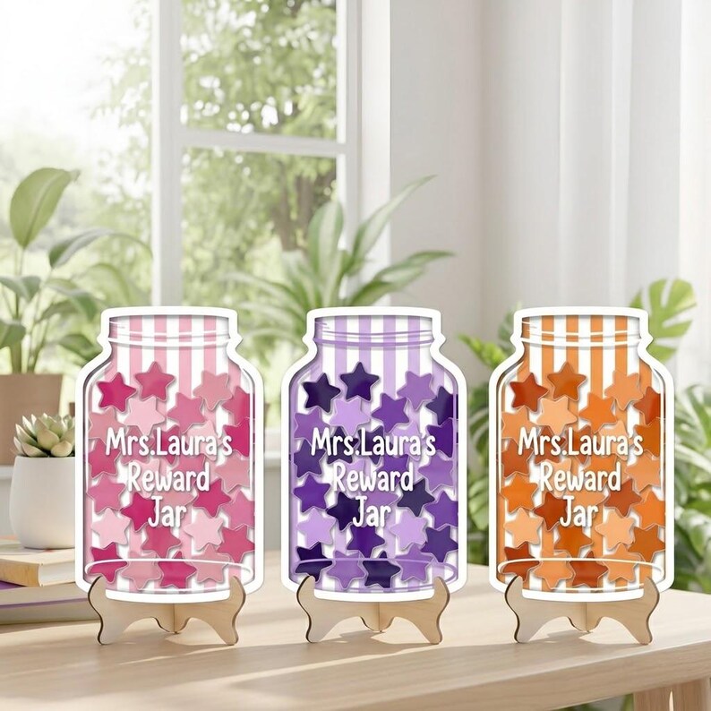 Personalized Striped Teacher Reward Jar, Custom Classroom Star Reward Chart, Back To School Gift. RJPETAL09