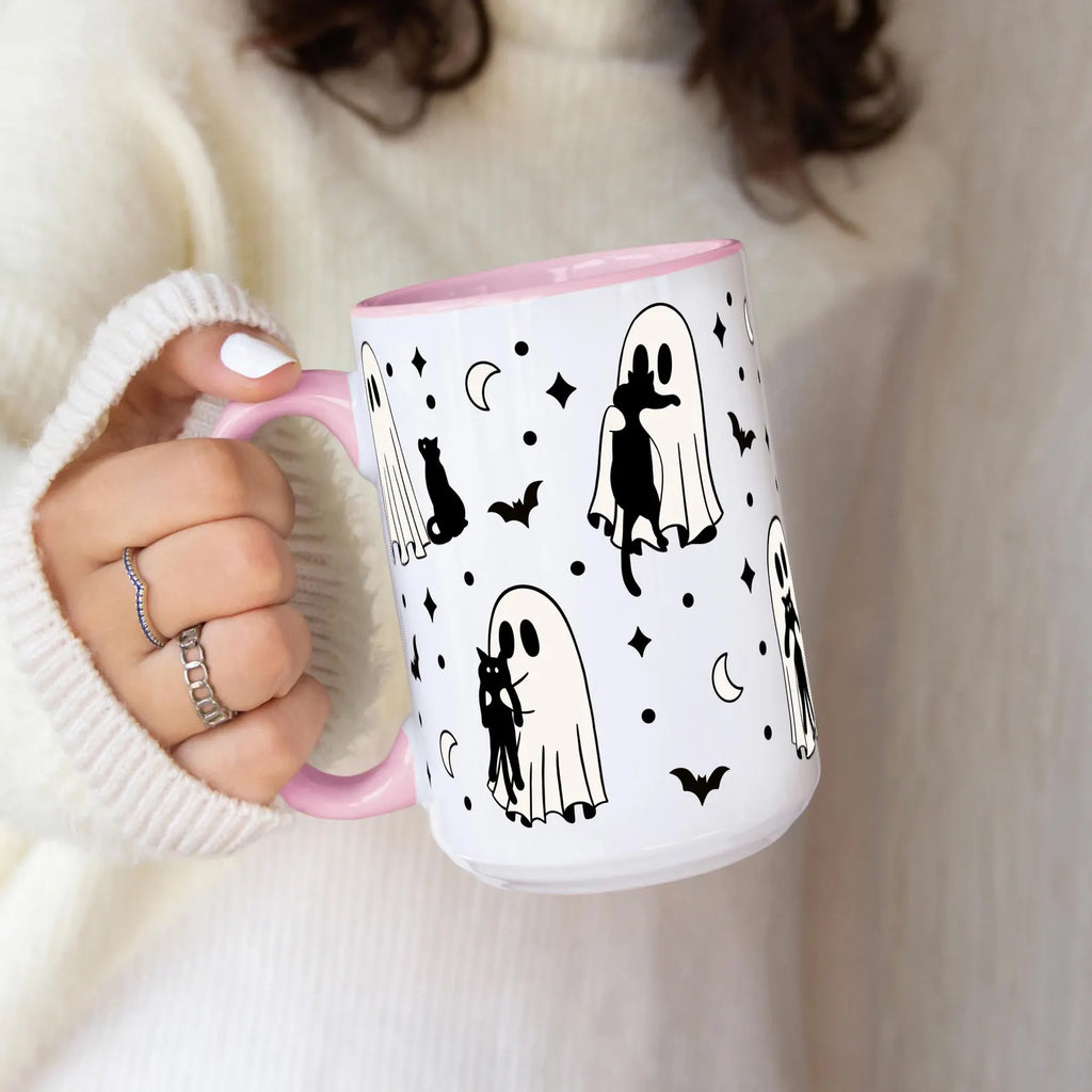 Ghost Holding Cats 15oz Ceramic Coffee Mug - Spooky Cute Halloween Cat Lover Gift - Microwave Dishwasher Safe Sip-Sip Hooray!. MPETAL8