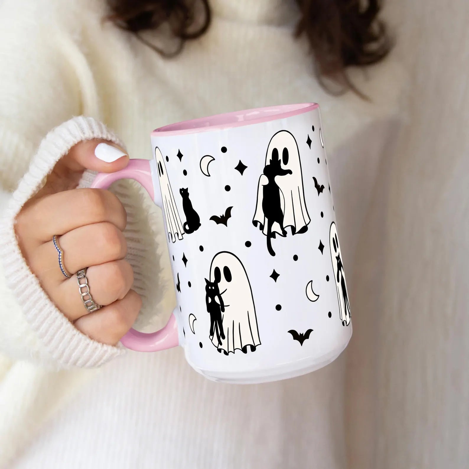 Ghost Holding Cats 15oz Ceramic Coffee Mug - Spooky Cute Halloween Cat Lover Gift - Microwave Dishwasher Safe Sip-Sip Hooray!. MPETAL8