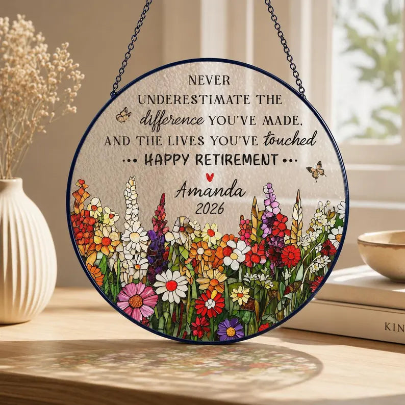 Retirement Stained Glass Suncatcher, Personalized Floral Retirement Window Decor, Colleague Retirement Keepsake, Coworker Gift, Grandma Gift. SUNPETAL18