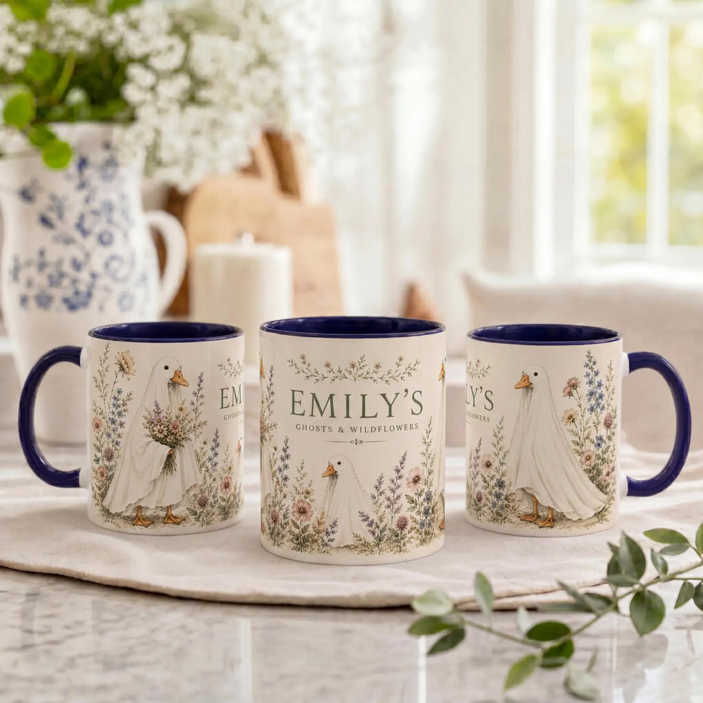 Personalized Ghost Mug, Ghost Wildflowers Mug, Custom Halloween Coffee Mug, Cute Goose Mug, Spooky Season Gift. MPETAL11