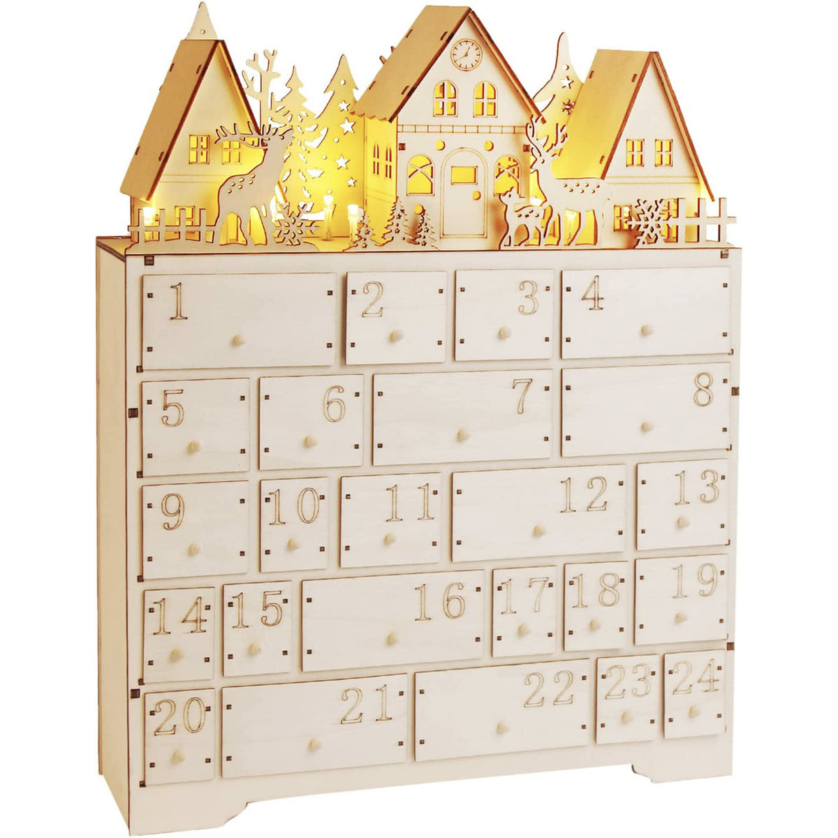 Wooden Christmas Village Advent Calendar with 24 Drawers, Reindeer House Holiday Countdown Decor – ACPETAL03