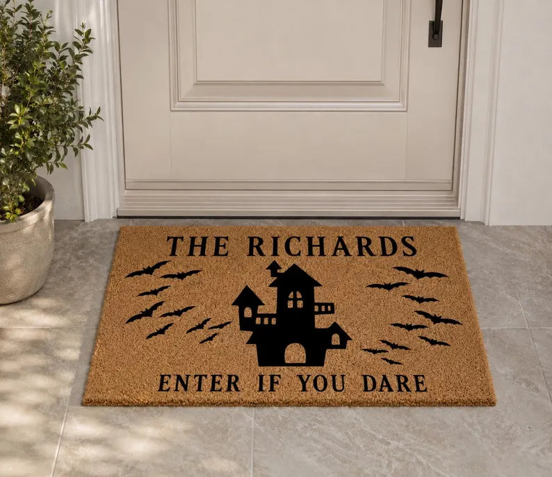 Personalized Halloween Doormat, Custom Family Name Welcome Mat, Spooky Family Home Decor, Fall Housewarming Gift, Trick or Treat Door Mat. DMPETAL7
