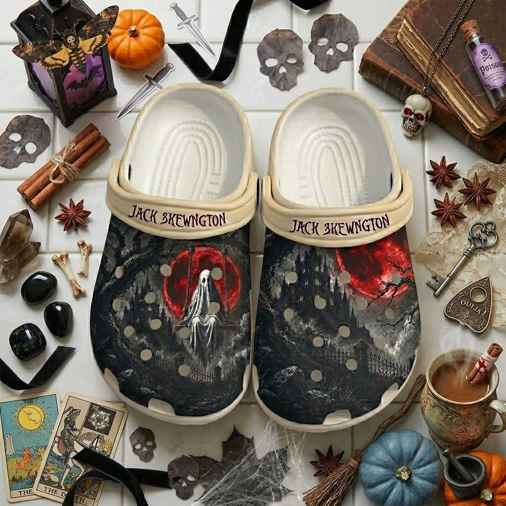 Personalized Dark Ghost Halloween Clogs – Red Moon Haunted Castle Shoes. Happy Halloween Ghost Pumpkin. CLPETAL10