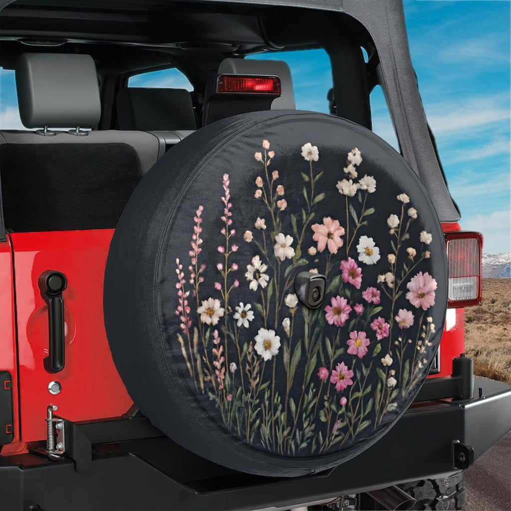 Wild Flowers Spare Tire Cover, White Purple Pink Floral Wheel Backup Camera Hole RV. TCPETAL8
