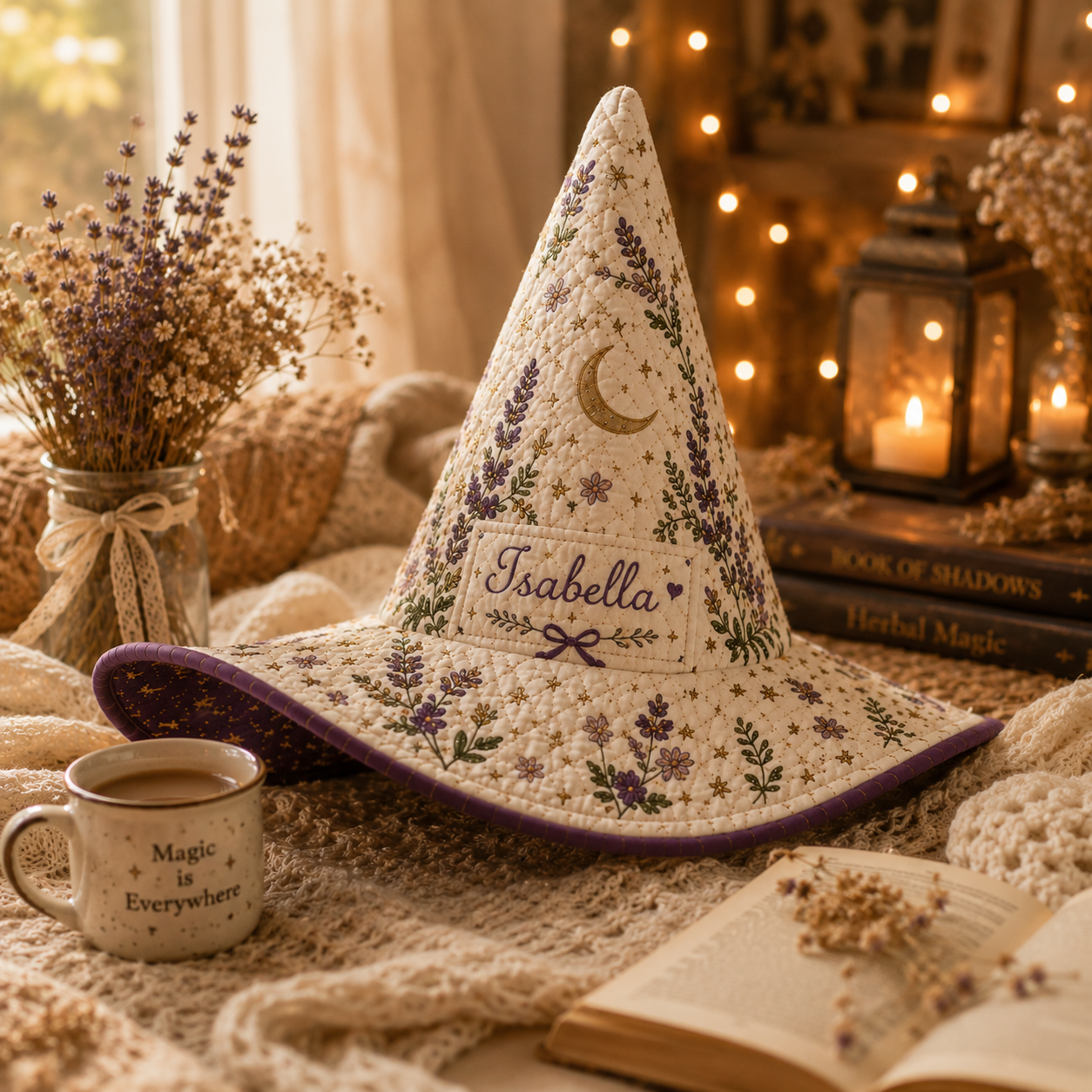 Personalized Quilted Witch Hat for Women – Custom Name Lavender Floral Cottagecore Halloween Witch Hat. QWHPETAL11
