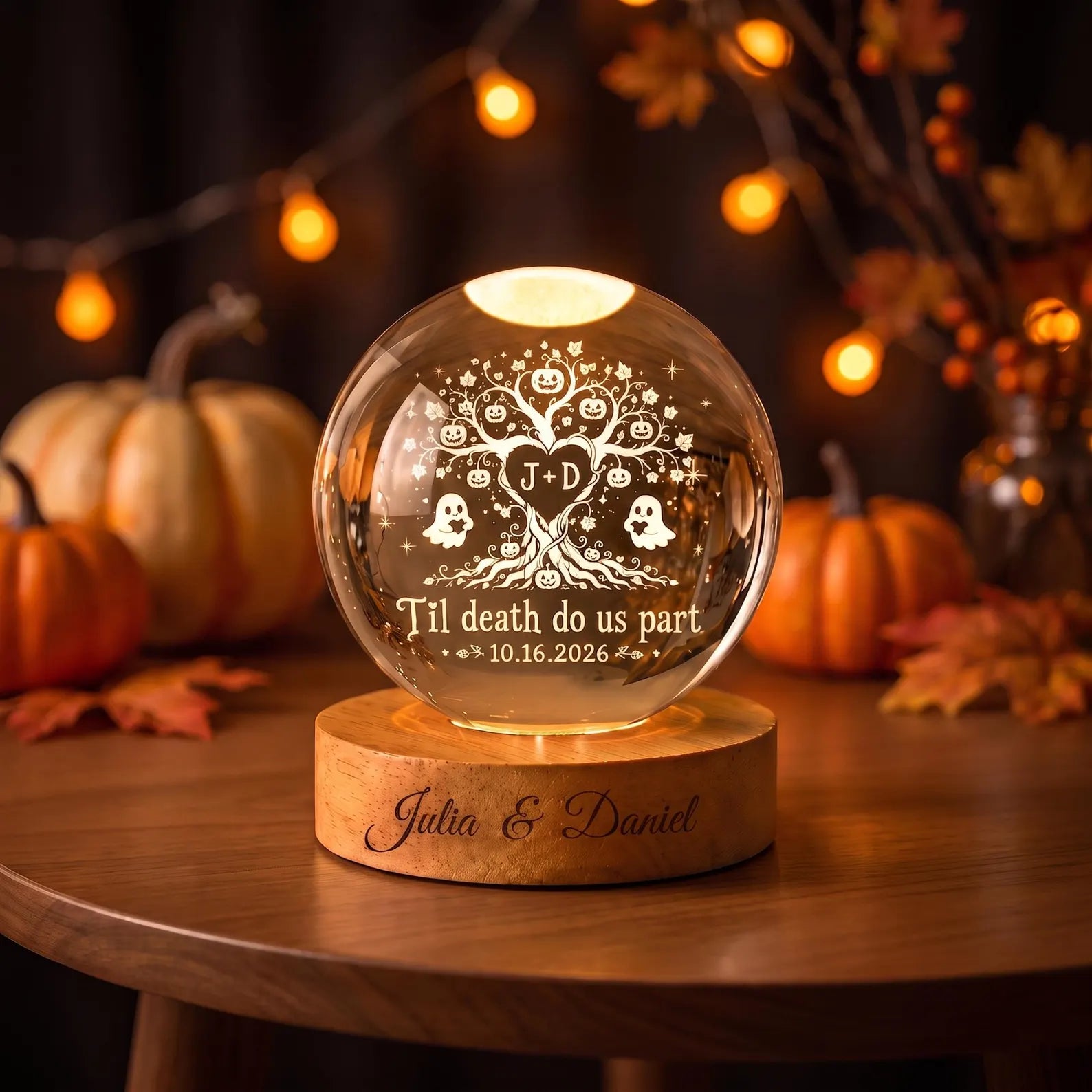 Custom Halloween Tree of Love Couple Crystal Ball Night Light, Wedding Gift for Couple, Spooky Couple LED Night Light, Halloween Home Decor. LEDPETAL6