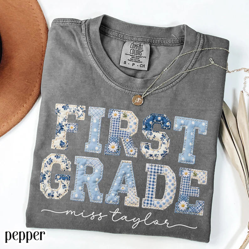 Comfort Colors® First Grade Teacher Shirt 1st Grade Matching Group T-Shirt Floral Blue Faux Patchwork Educator Back to School Team Tee. SPETAL18