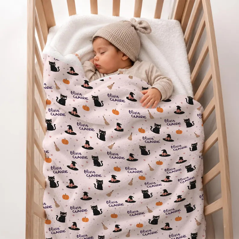 Personalized Halloween Baby Blanket | Custom Baby Name Blanket Black Cats Witch Hats | Baby's First Halloween Gift | Newborn Baby Shower. BLKPETAL6