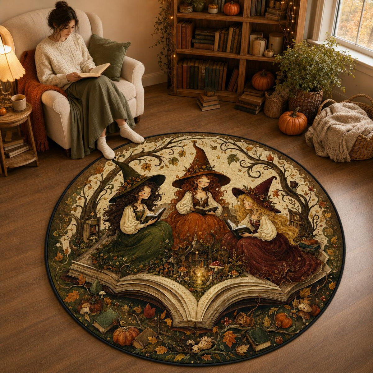 Cottagecore Witches Reading Quilt Round Rug, Storybook Witch Floor Decor, Three Bookish Witches Home Rug, Halloween Room, Daughters Mat. QRPETAL28