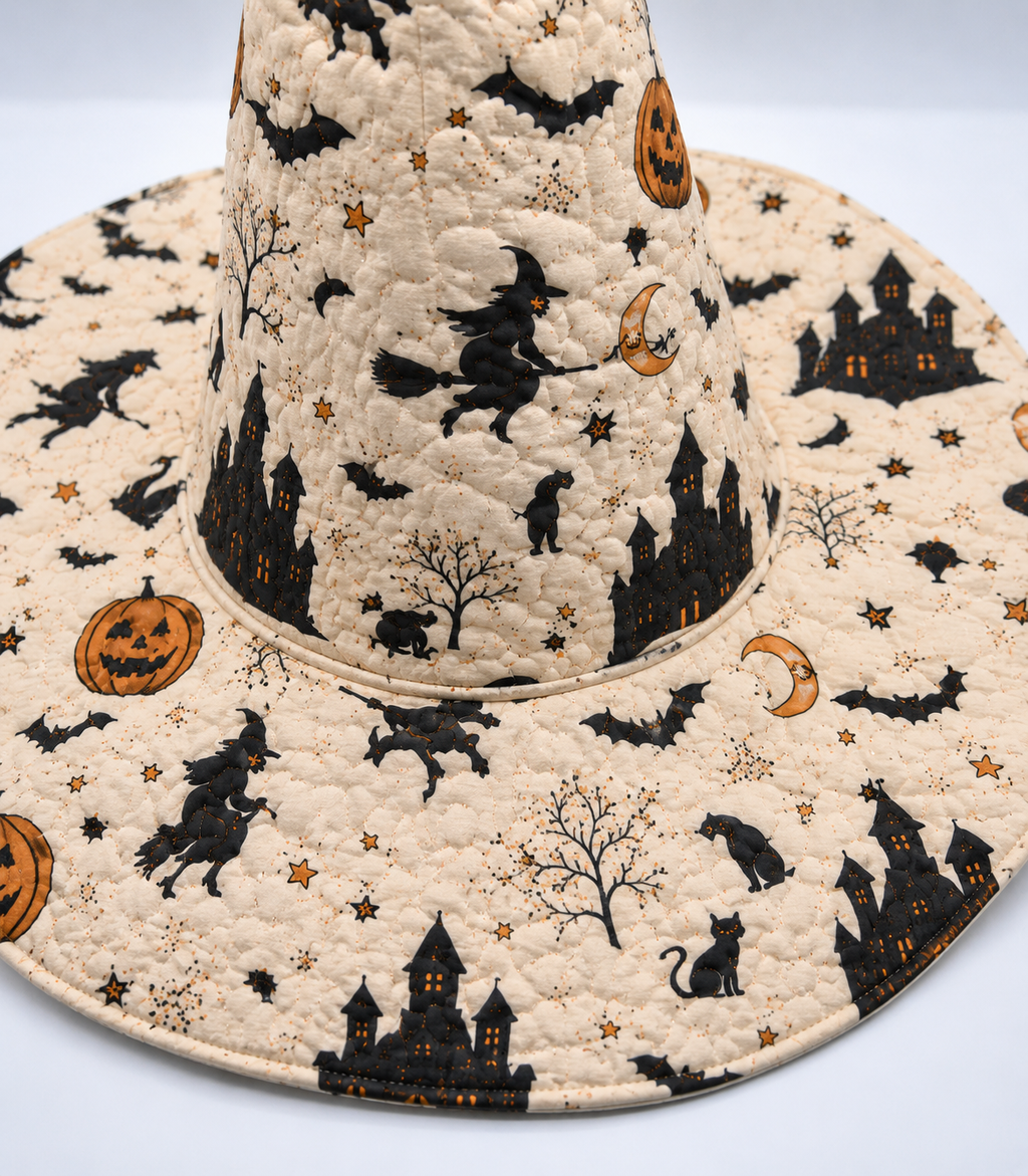 Halloween Quilted Witch Hat for Women – Soft Padded Witch Costume Hat with Pumpkin, Bat & Haunted House Print. QWHPETAL1