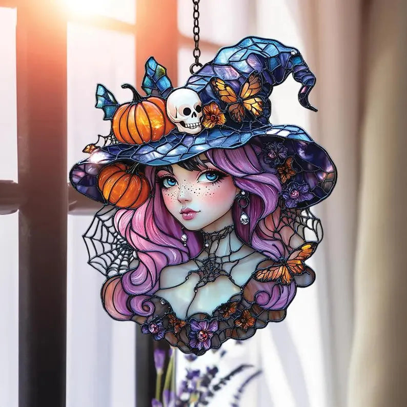 Acrylic Suncatcher Witch Girl with Pink Hair – Halloween Window Decor Featuring Pumpkin Hat, Skull, Butterflies & Spooky Gothic Charm. HSPETAL12