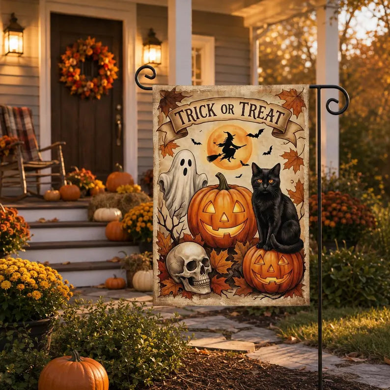 Happy Halloween Garden Flag, Trick Or Treat Halloween Garden Flag, Black Cat Garden Flag, Spooky Season, Halloween Decor. HLWGFPETAL14