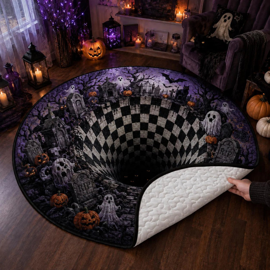 Halloween Quilted Rug, Spooky Graveyard Round Rug, 3D Illusion Floor Decor, Ghost Pumpkin Rug, Gothic Halloween Home Decor, Horror Gift. QRPETAL35