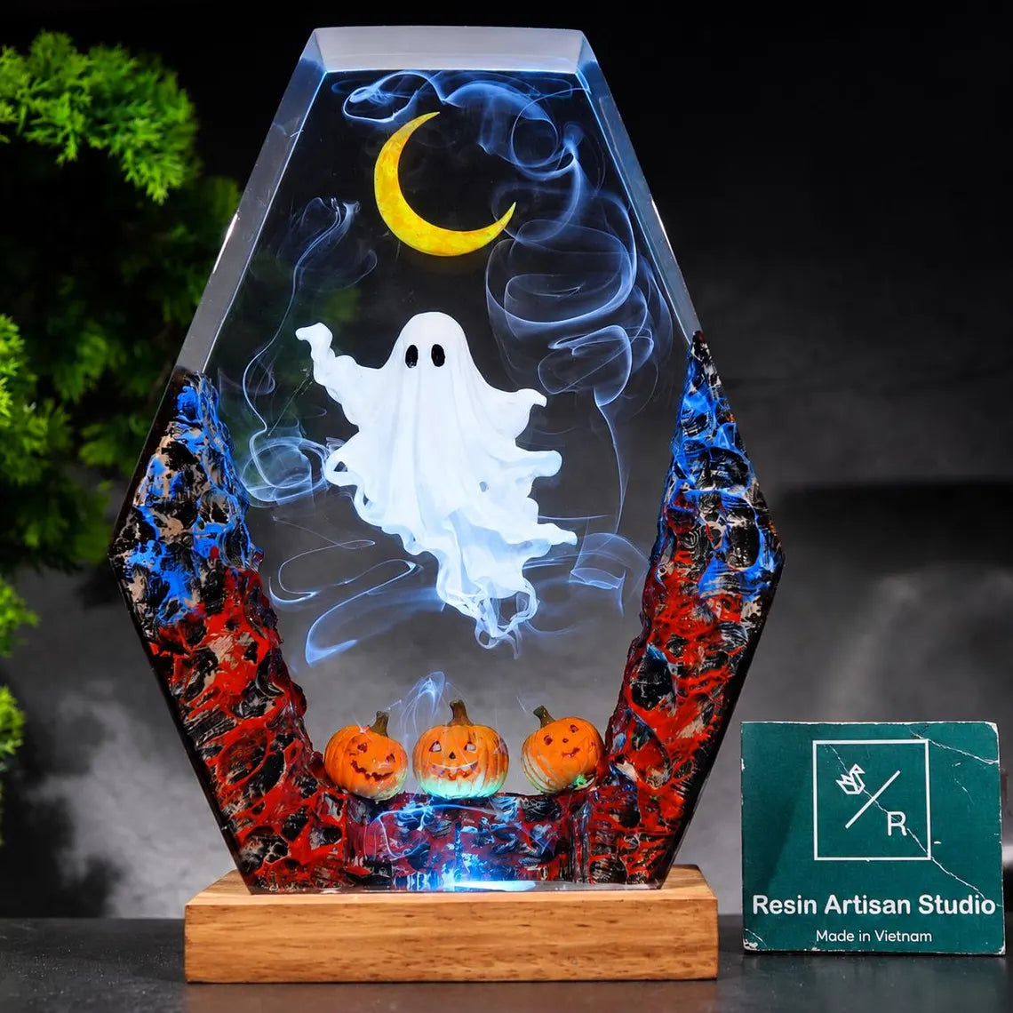 Halloween Ghost Resin Lamp, Spooky Pumpkin Night Light, Crescent Moon Decor, Handmade Halloween Gift, Gothic Desk Lamp. RLPETAL09