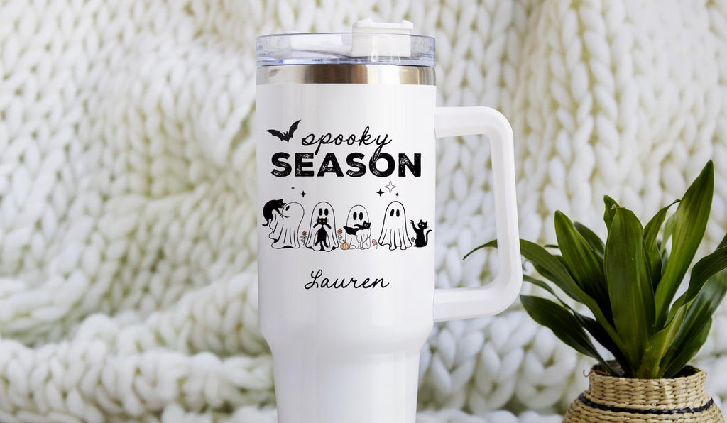 Halloween Ghost Tumbler, 40oz Tumbler with Handle, Personalized Spooky Season Tumbler, Custom Ghost Travel Cup, Ghost Halloween Tumbler Gift. TBLPETAL7