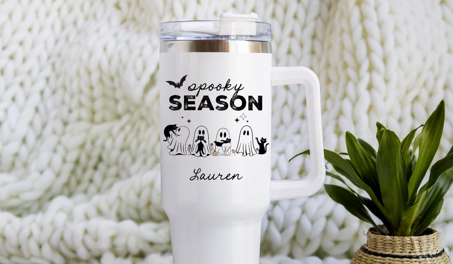 Halloween Ghost Tumbler, 40oz Tumbler with Handle, Personalized Spooky Season Tumbler, Custom Ghost Travel Cup, Ghost Halloween Tumbler Gift. TBLPETAL7