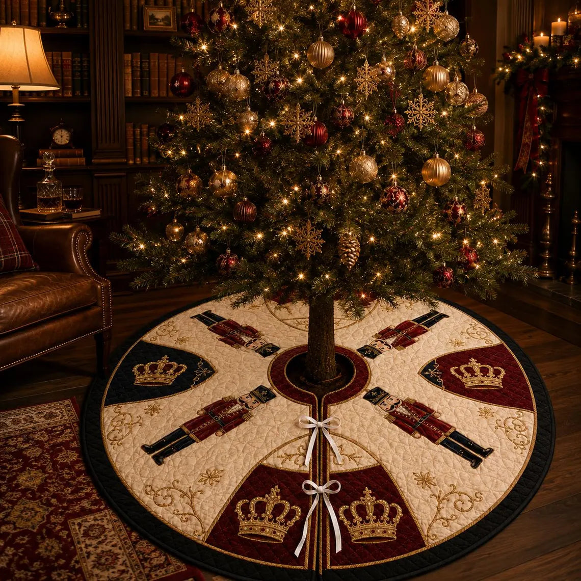 Nutcracker Christmas Tree Skirt, Quilted Holiday Tree Skirt, Royal Red Navy Gold Christmas Decor, Elegant Xmas Home Decor. CTSPETAL19