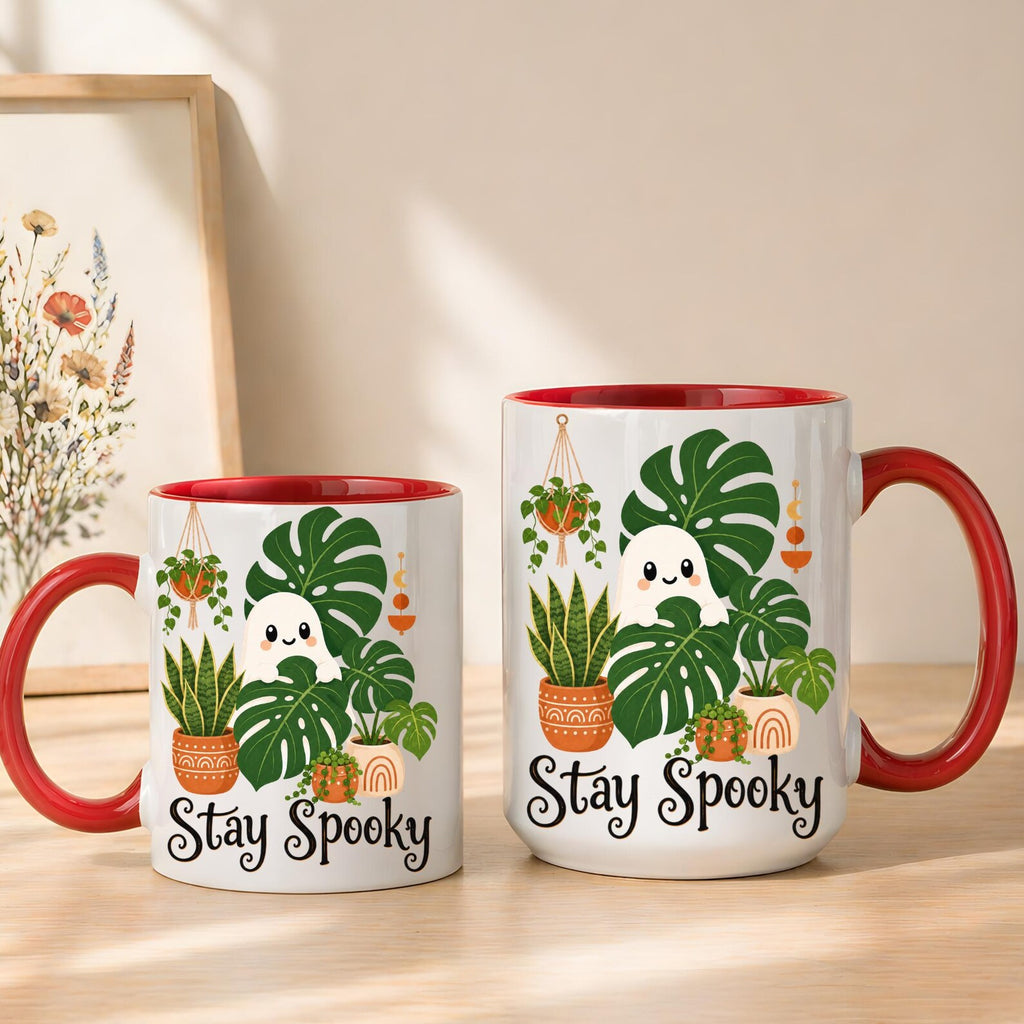 Stay Spooky Plant Ghost Mug – Cute Halloween Coffee Mug, Spooky Season Ceramic Cup, Plant Lover Halloween Gift, Ghost Mug with Black Handle. MPETAL7