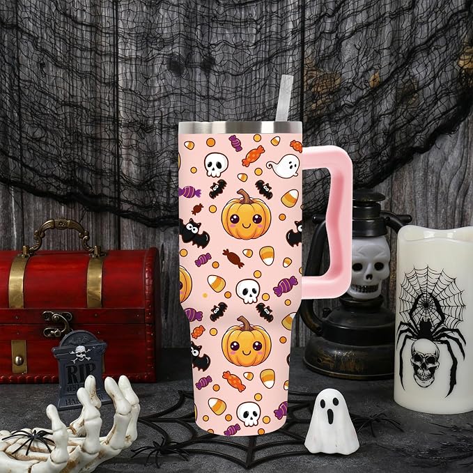 Whaline Halloween Tumbler 40oz Cute Pumpkin Skull Candy Corn Bat Tumbler with Lid Straw Pink Cartoon Stainless Steel Cup with Handle for Home Office Travel. TBLPETAL12