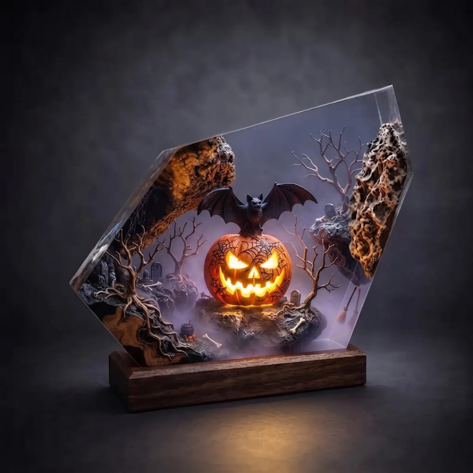 Jack O Lantern Epoxy Resin Lamp Spooky Bat Graveyard Diorama Wood Night Light. RLPETAL11