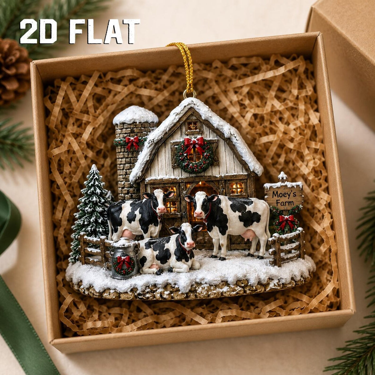Personalized 2D Flat Cow Christmas Ornament, Custom Farm Name Wooden Ornament, Farmhouse Christmas Decor, Cow Lover Gift, Ranch Keepsake	COPETAL02