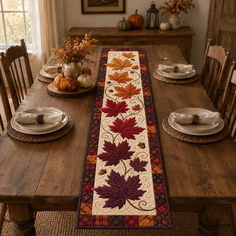 Maple Leaf Fall Table Runner, Quilted Autumn Leaves Table Runner, Thanksgiving Harvest Dining Table Decor, Rustic Farmhouse Home Gift. QTRPETAL11