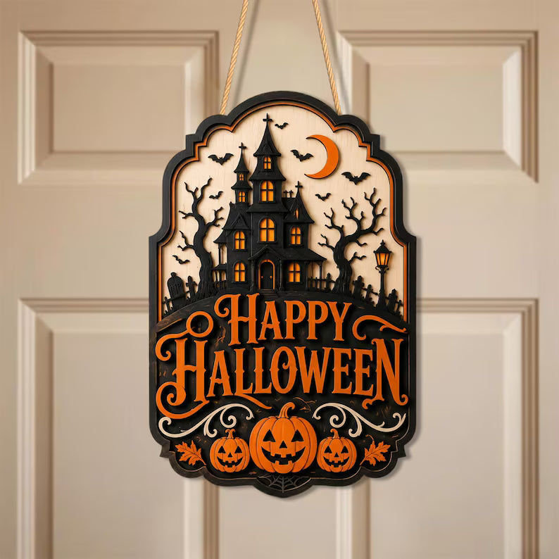 Halloween Door Sign, Haunted House Wood Hanger, Spooky Pumpkin Decor, Happy Halloween Wall Decor. HLWDHPETAL05