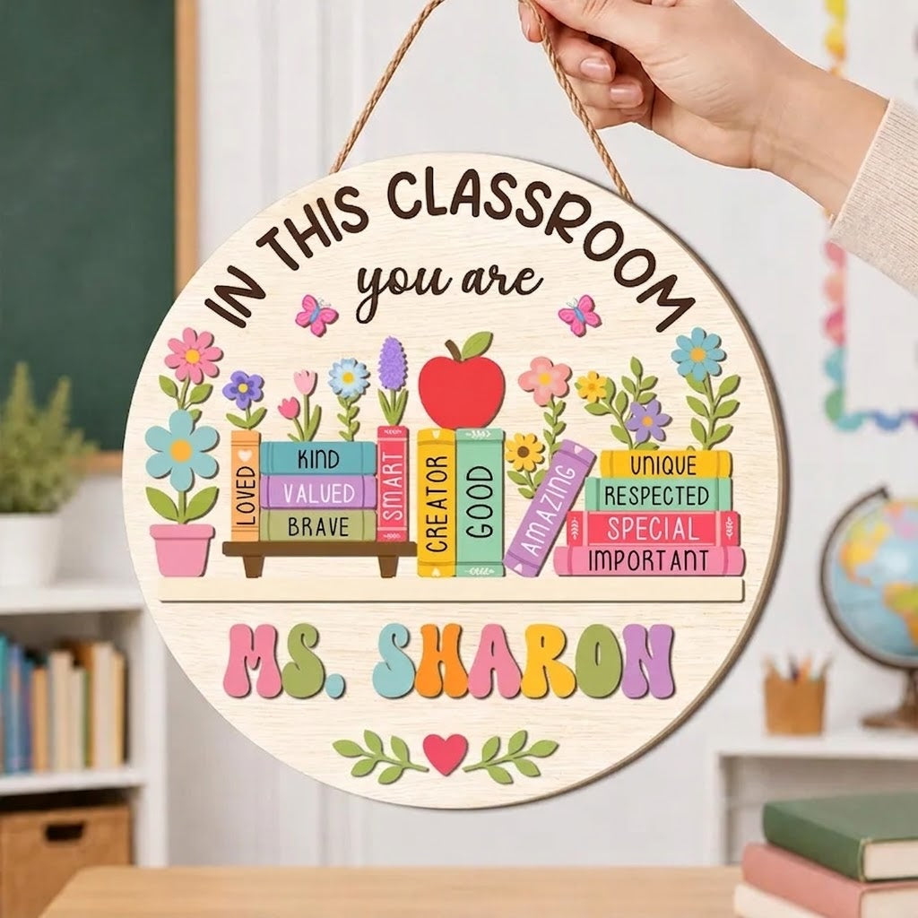Custom Teacher Name Floral Door Sign, Personalized Classroom Door Hanger, 3D Wooden Decoration, Back to School Gift, Teacher Gifts. DHPETAL03