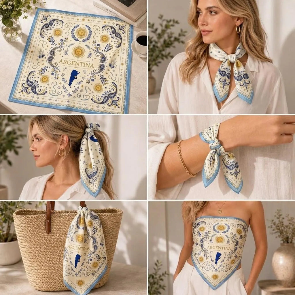 Argentina Satin Scarf, Argentina Flag Gift 2026, Argentine Fan Bandana, Luxury Travel Neck Tie, Vacation Outfit Gift, Argentina 2026 Gift. SSPETAL7