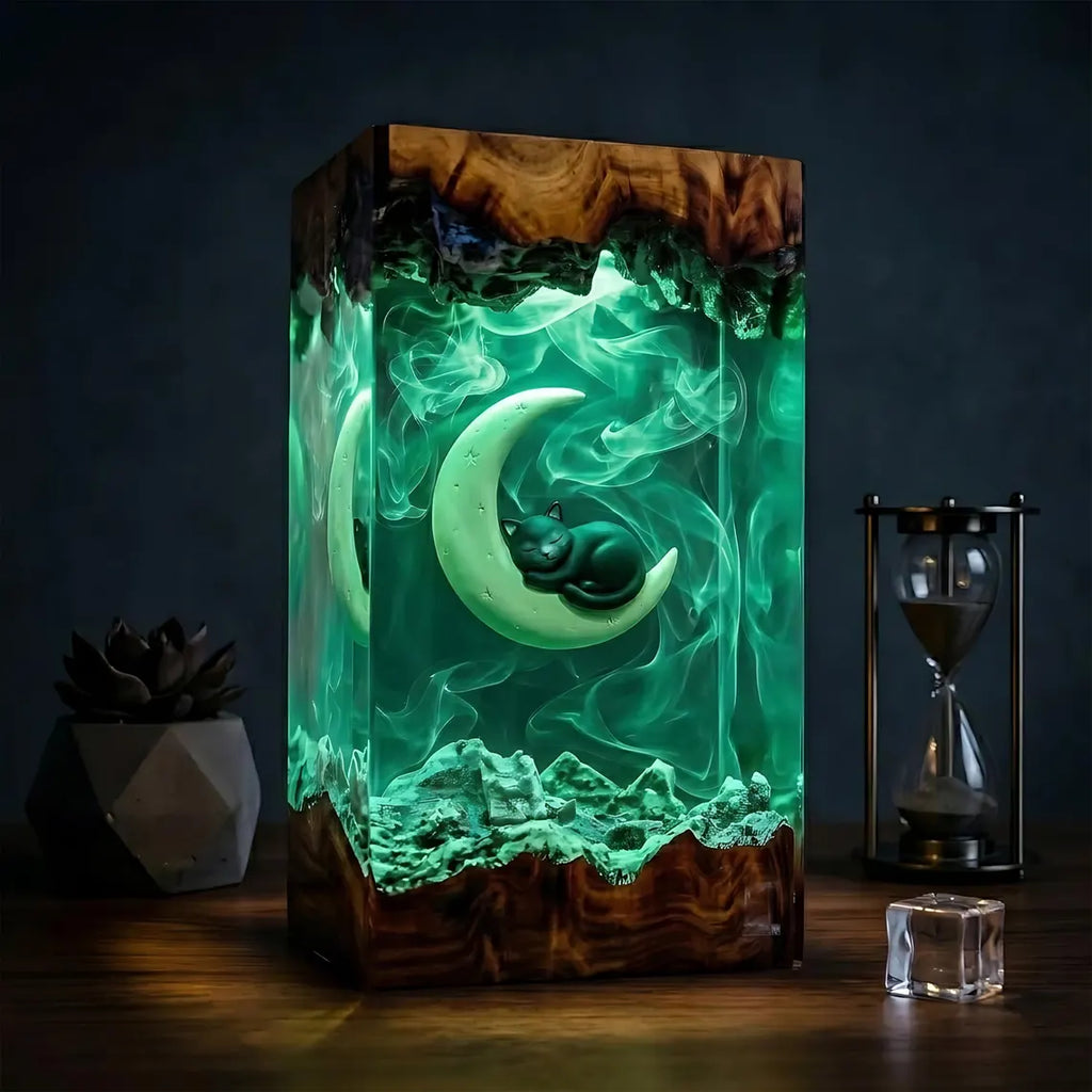 Sleeping Cat Moon Resin Lamp, Book Lover Night Light, Fantasy Reading Decor, Unique Gift for Readers and Cat Fans. RLPETAL03
