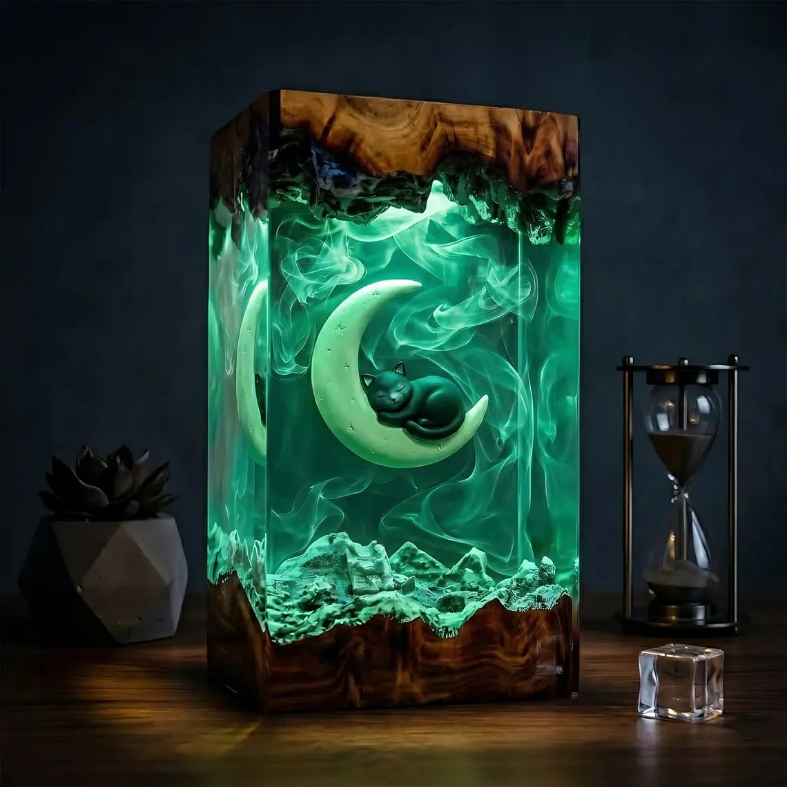 Sleeping Cat Moon Resin Lamp, Book Lover Night Light, Fantasy Reading Decor, Unique Gift for Readers and Cat Fans. RLPETAL03