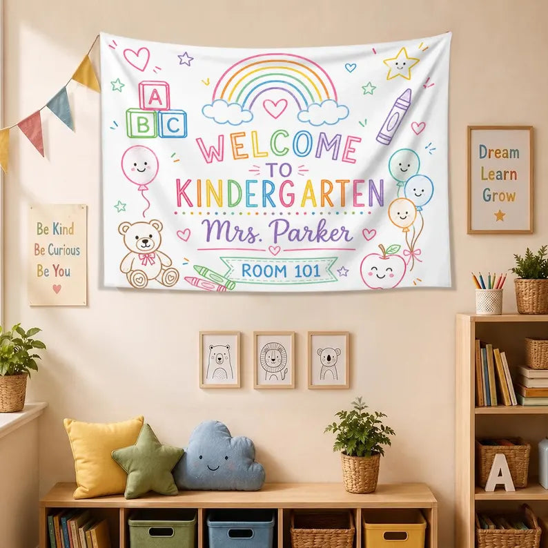 Kindergarten Classroom Banner, Personalized Teacher Tapestry, Welcome to Kindergarten Sign ,personalized teacher banner. Classroom Banner Custom Name. CBPETAL14