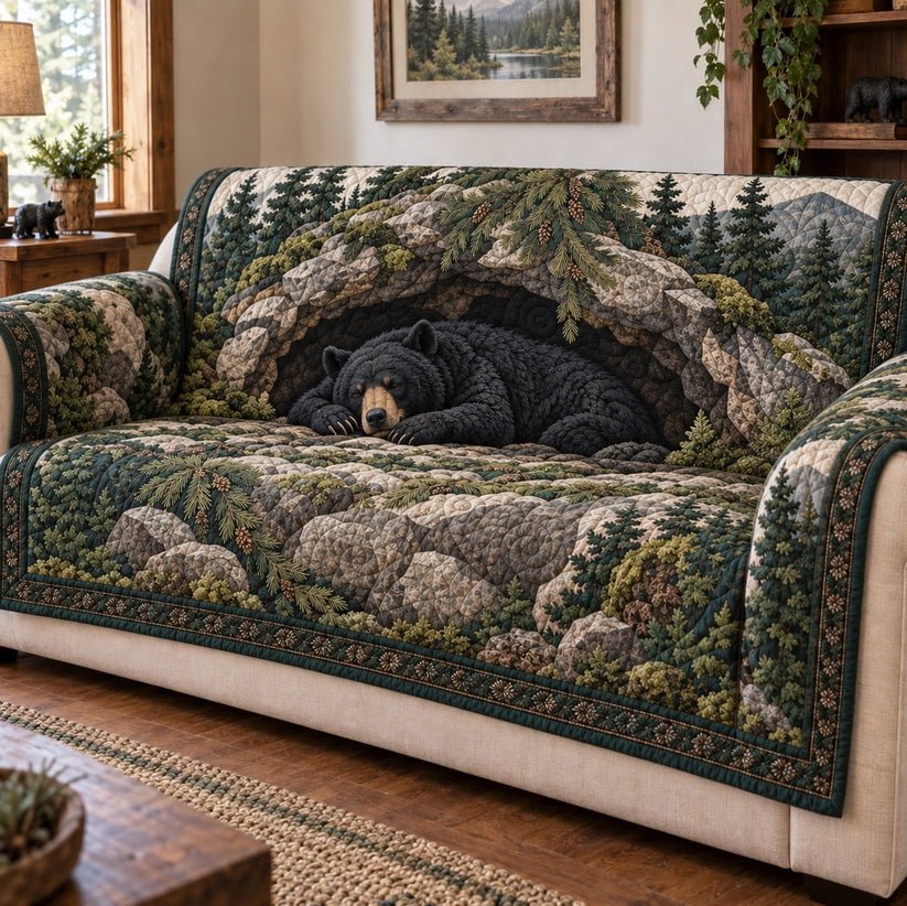 Personalized Bear In Forest Quilted Sofa Cover, Bear Sofa Cover, Patchwork Couch Throw, Sofa Protector, Holiday Sofa Decor QUILTSOFA03