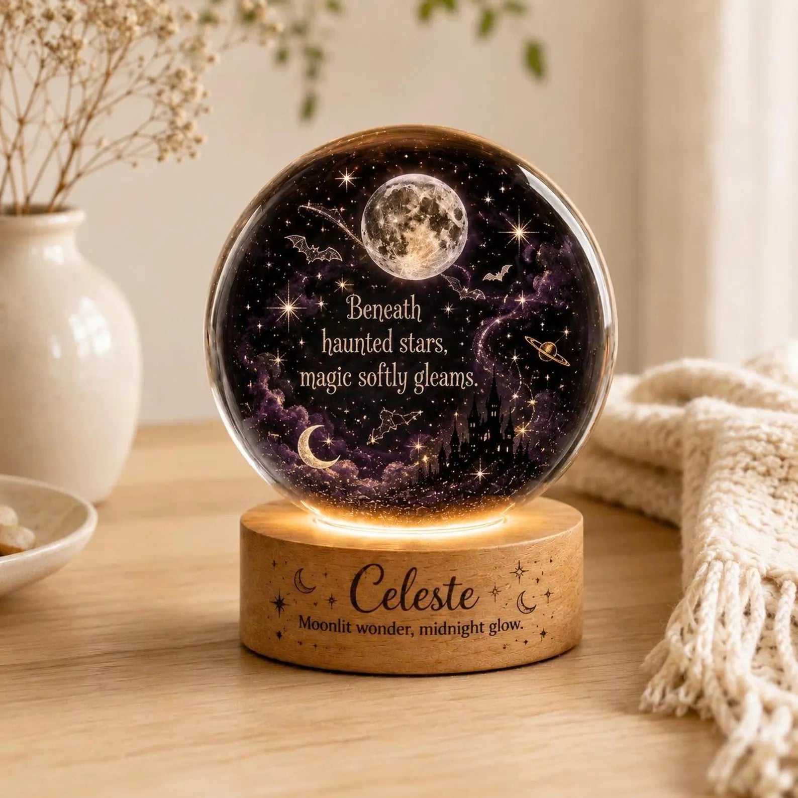 Personalized Celestial Halloween Night Light, Custom Name Moon Stars Lamp, Witchy Nursery Decor. LEDPETAL16