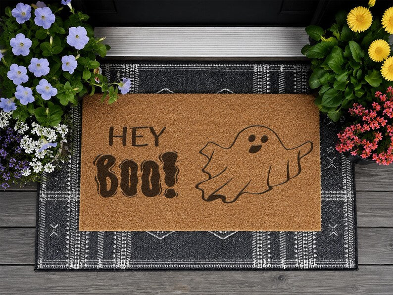 Personalized Halloween Doormat, Custom Pumpkin Face Doormat, Hey Boo Door Mat, Spooky Welcome Mat, Halloween Decor, Custom Name Rug. DMPETAL11