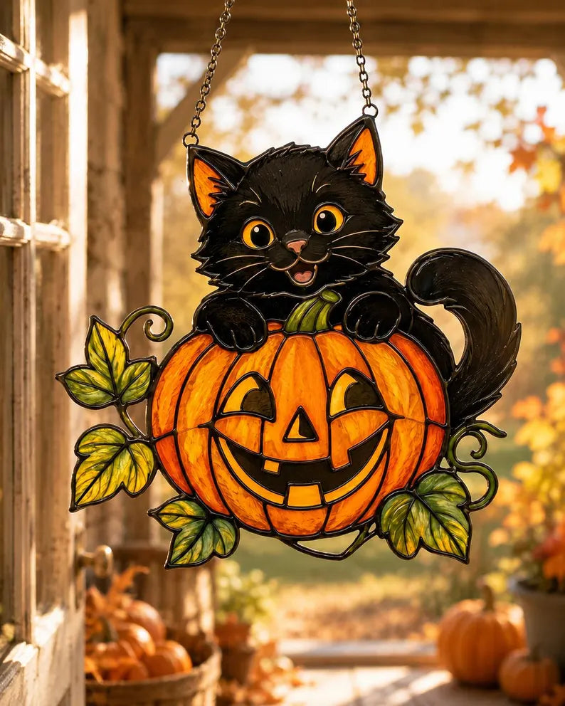 Black Cat And Pumpkin Acrylic Suncatcher, Black Cat Halloween Suncatcher, Halloween Window Hanging Decor, Cute Suncatcher Gift. HSPETAL1