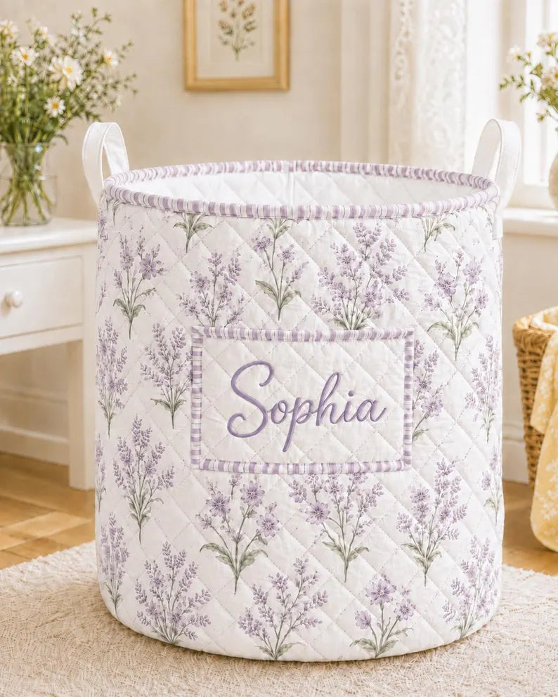 Personalized Floral Laundry Basket, Custom Name Quilted Storage Bin, Pastel Flower Nursery Hamper, Clothes Basket. LBPETAL142