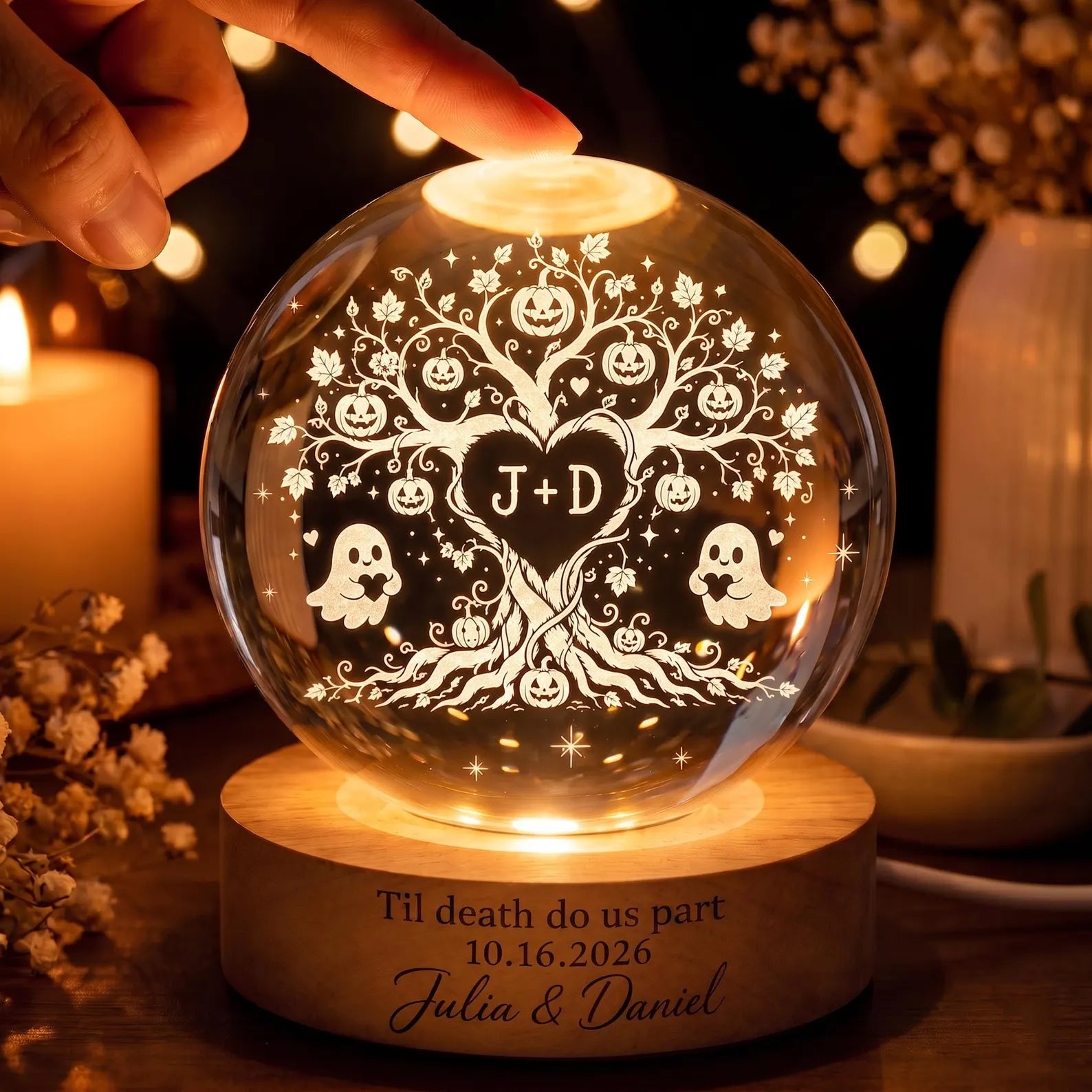 Custom Couple Tree of Love Crystal Ball Night Light, Spooky Couple LED Night Light, Halloween Wedding Gift for Couple, Halloween Home Decor. LEDPETAL12
