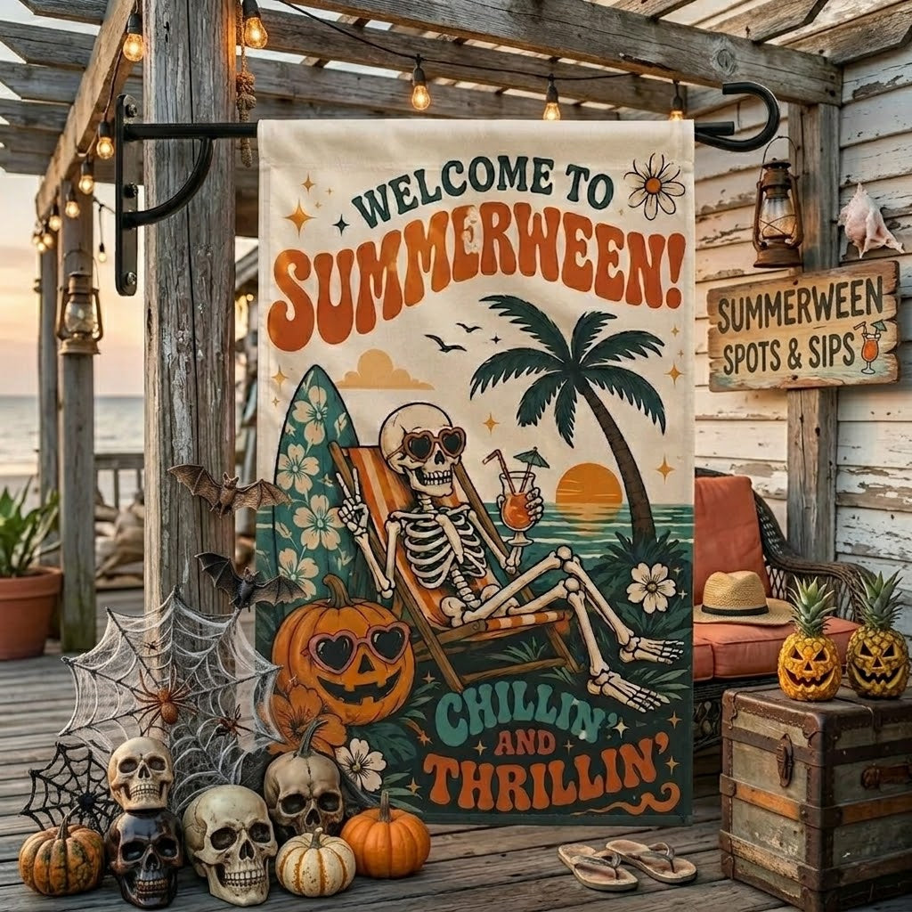 Summerween Garden Flag, Skeleton Halloween Beach Flag, Tropical Halloween Decor, Spooky Summer Yard Flag, Pumpkin Flag. HLWGFPETAL23